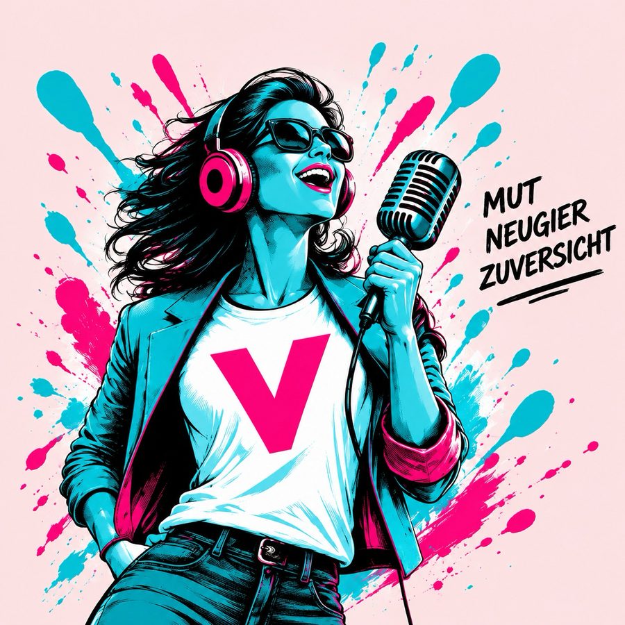 Illustration einer VUCA Blasterin mit Kopfhörern und Mikrofon, daneben die Worte Mut, Neugier, Zuversicht